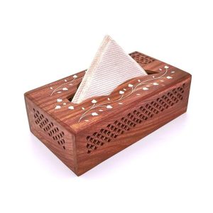 Woodcart Handmade Wooden Napkin Holder Cover with Jali and Brass Inlay and Velvet Interior 10 Inch Tissue Holde
