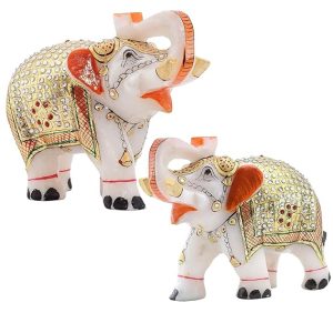 KRAFTSKALA Marble Elephants Pair Set of 2 Showpieces Size 4 inch Elephant Statue Gift, Decor Item for Home Entrances, Living Room, Tabletop, Office Desk (4 * 5inch, 2, White-Gold
